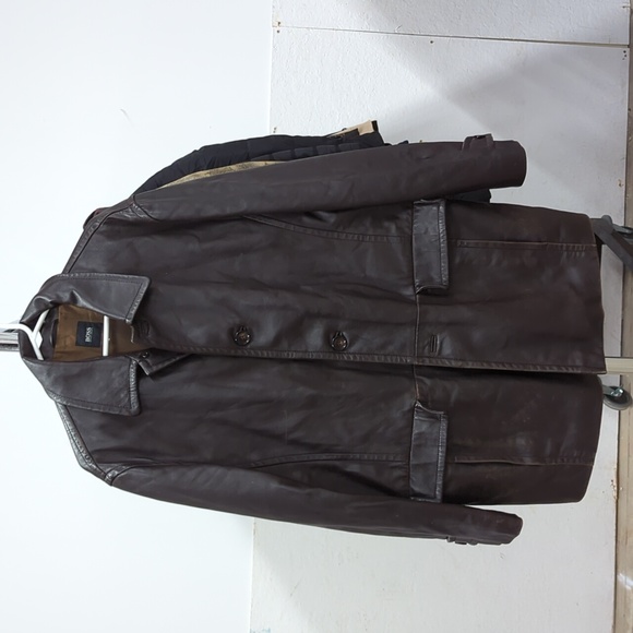 Hugo boss brown leather button up jacket size - Picture 1 of 4